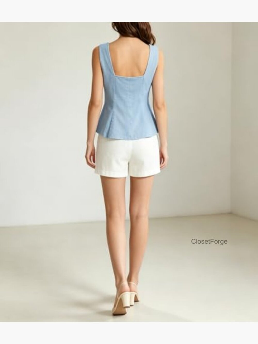 Women's Square Neck Denim Corset Tank Top Peplum Button Vest Sleeveless - Picture 5 of 7